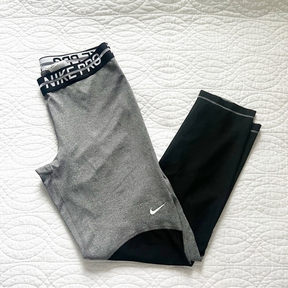New Nike Pro Women's Black Mesh Gray Colorblock 7/8 Leggings Medium - Picture 2 of 6